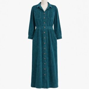 Vtg FADS Green Corduroy Button Shirt Dress XL 16 Pockets Long Sleeve Cottagecore